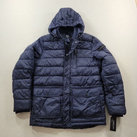 Kenneth Cole Hooded Puffer Jacket Men Small Navy Bellow Pocket New York - Picture 2 of 9